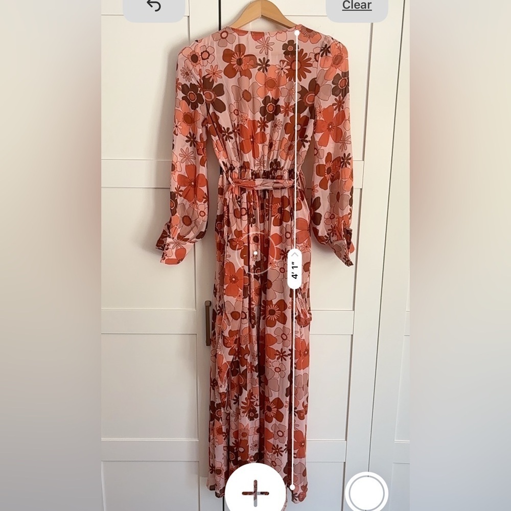 Pink Lily Dress Womens Faux Wrap Slit Maxi Long Sleeve 70s Retro Floral - Picture 5 of 6